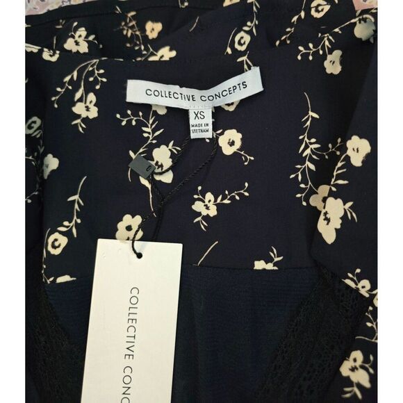 Floral Print Dress Lace Trim V-Neck Long Sleeve Navy & White fairycore flowers - Picture 6 of 8